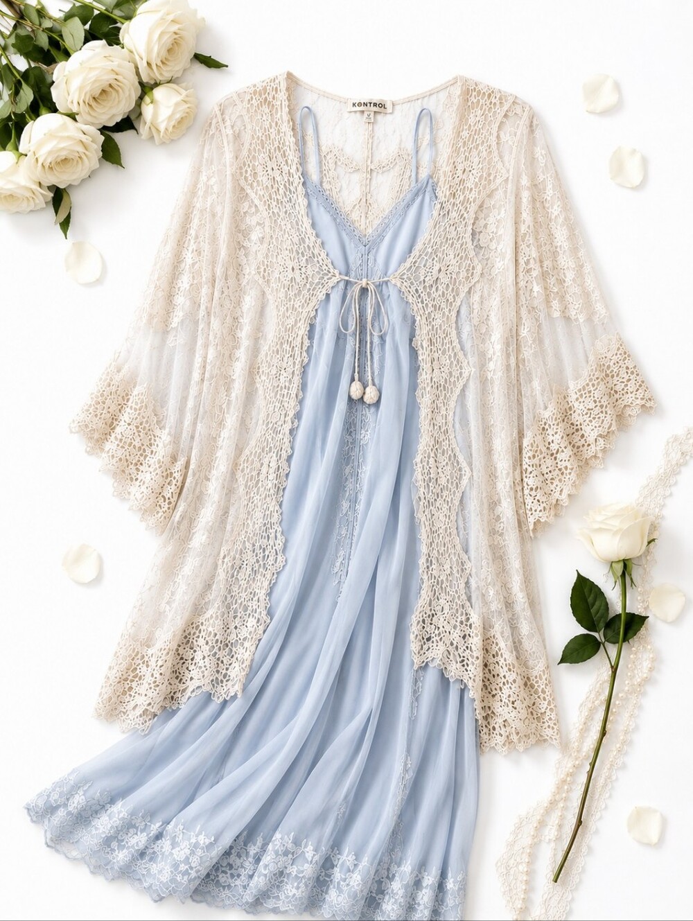 Delicate Lace- Tie In Front - Cream Duster